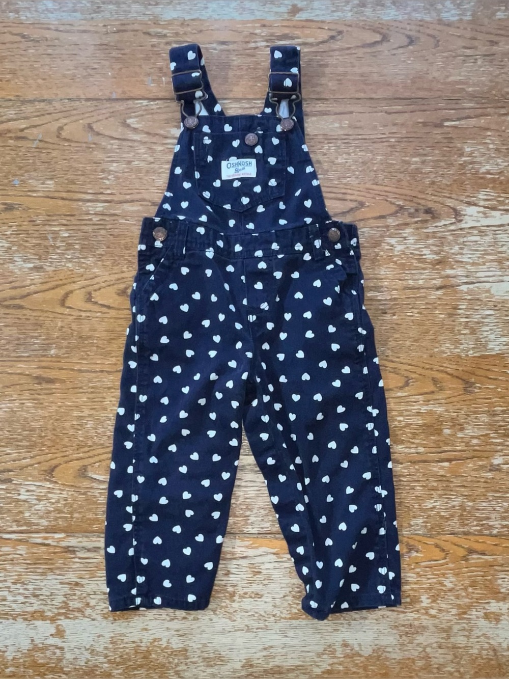 OshKosh B'Gosh Baby Girl Overalls Navy Blue White Hearts 18M